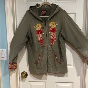 Johnny Was Olive Hoodie with Floral Embroidery size XL